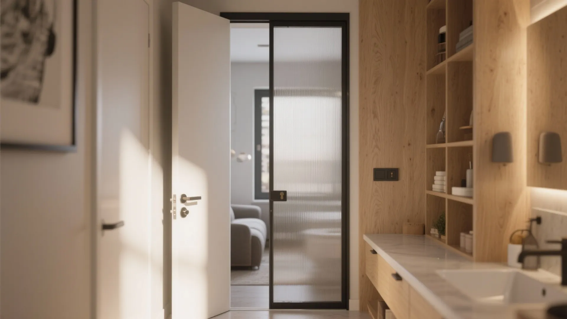 Modern bathroom with wooden cabinet and glass door leading to a living room with sofa