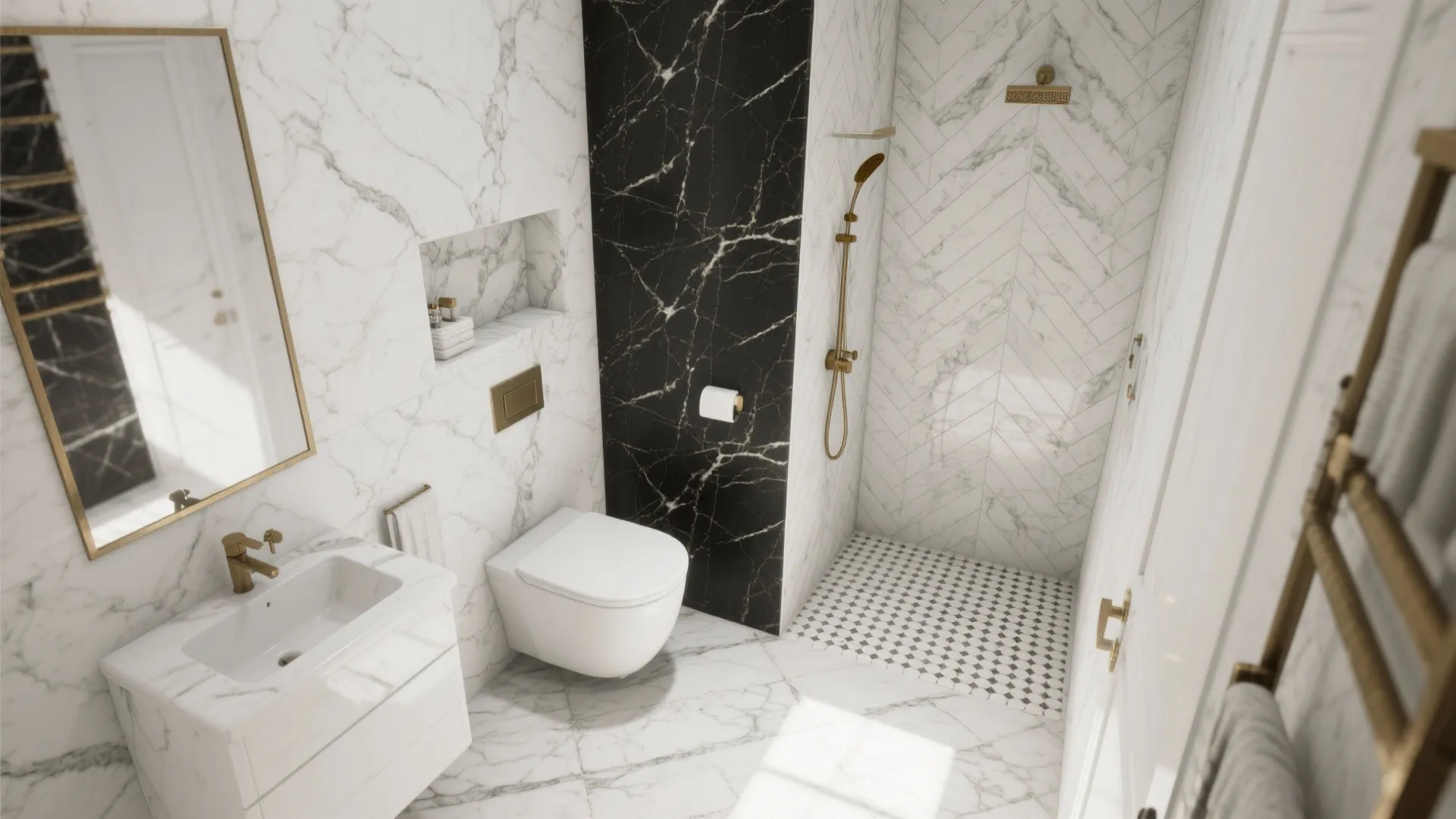 Compact bathroom design with white marble walls and floor gold shower head and white toilet unit