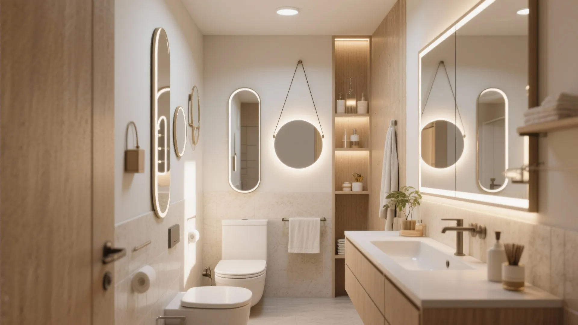 Contemporary bathroom layout with several small round and oval mirrors on white and wood walls