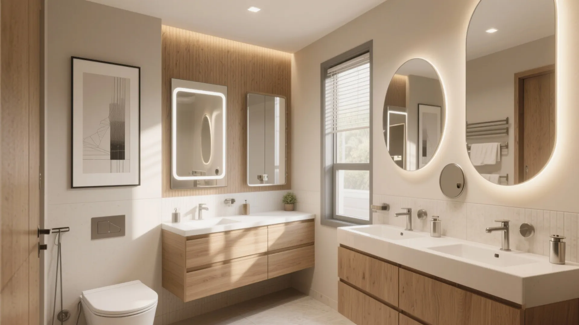 Bright bathroom design with wooden cabinets multiple light mirrors white sinks and small green plant