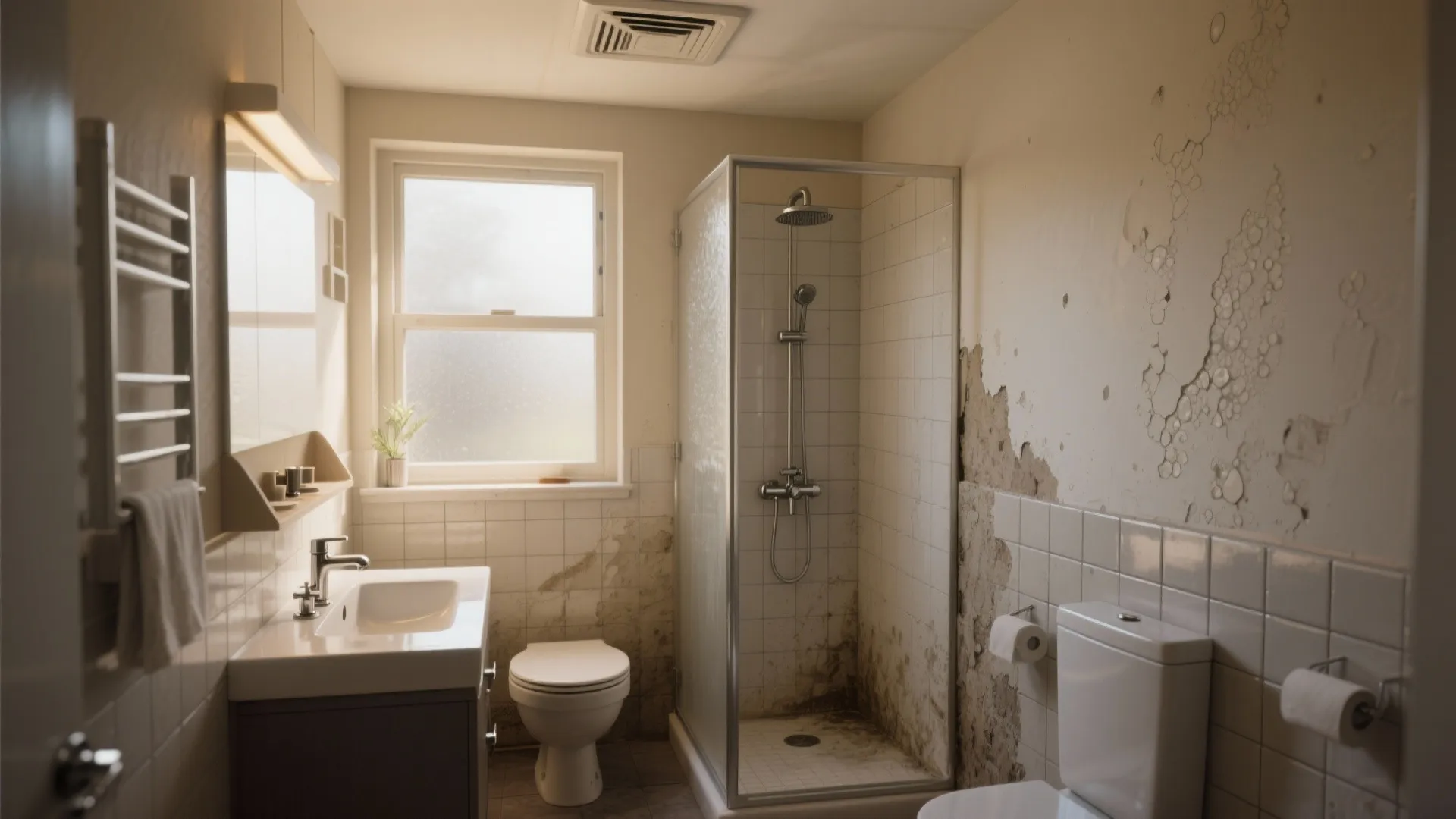 Small bathroom showing water damage on walls with a glass shower sink toilet and window