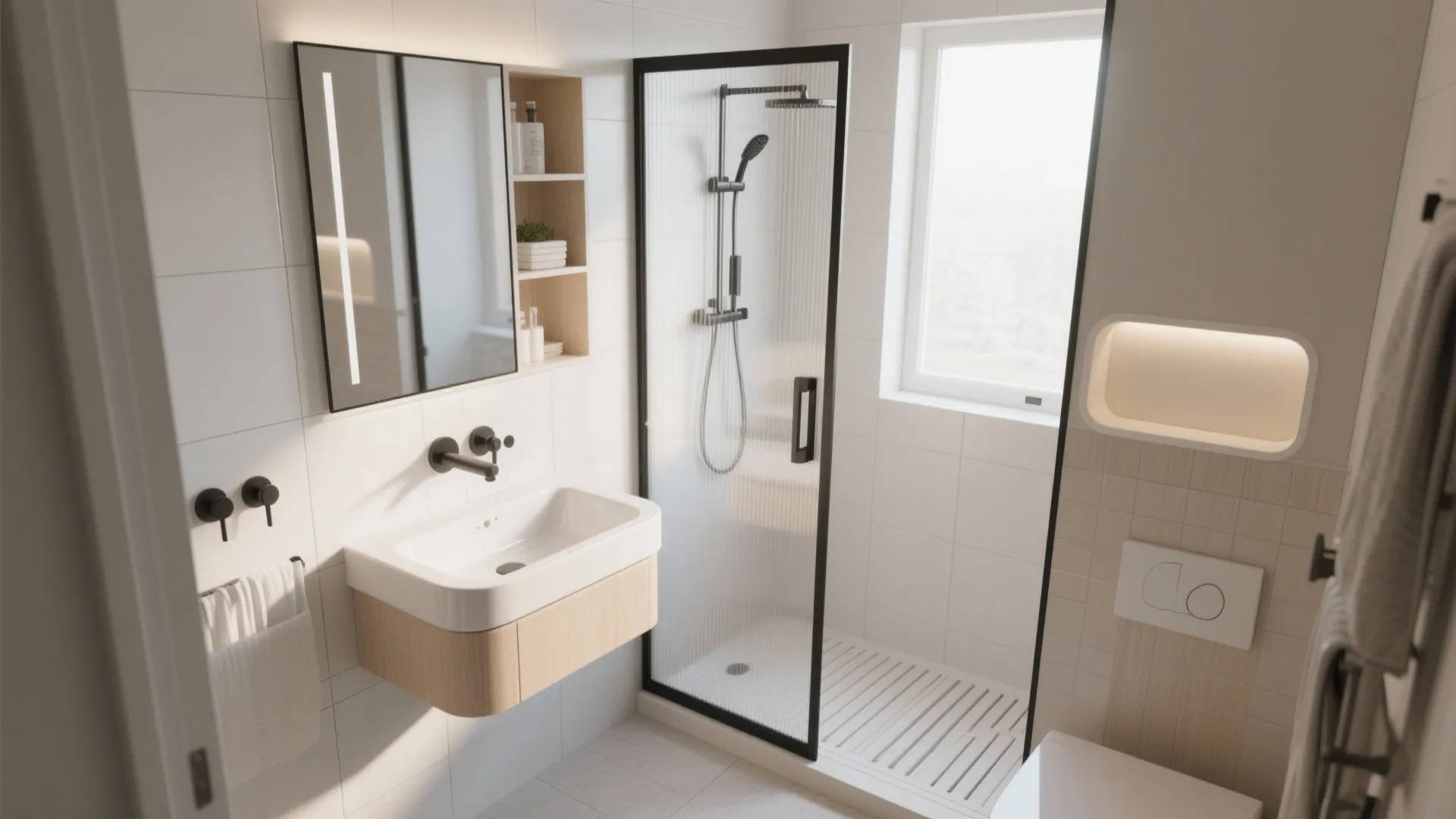 Bright small bathroom with glass shower door wood cabinet white sink mirror and natural light