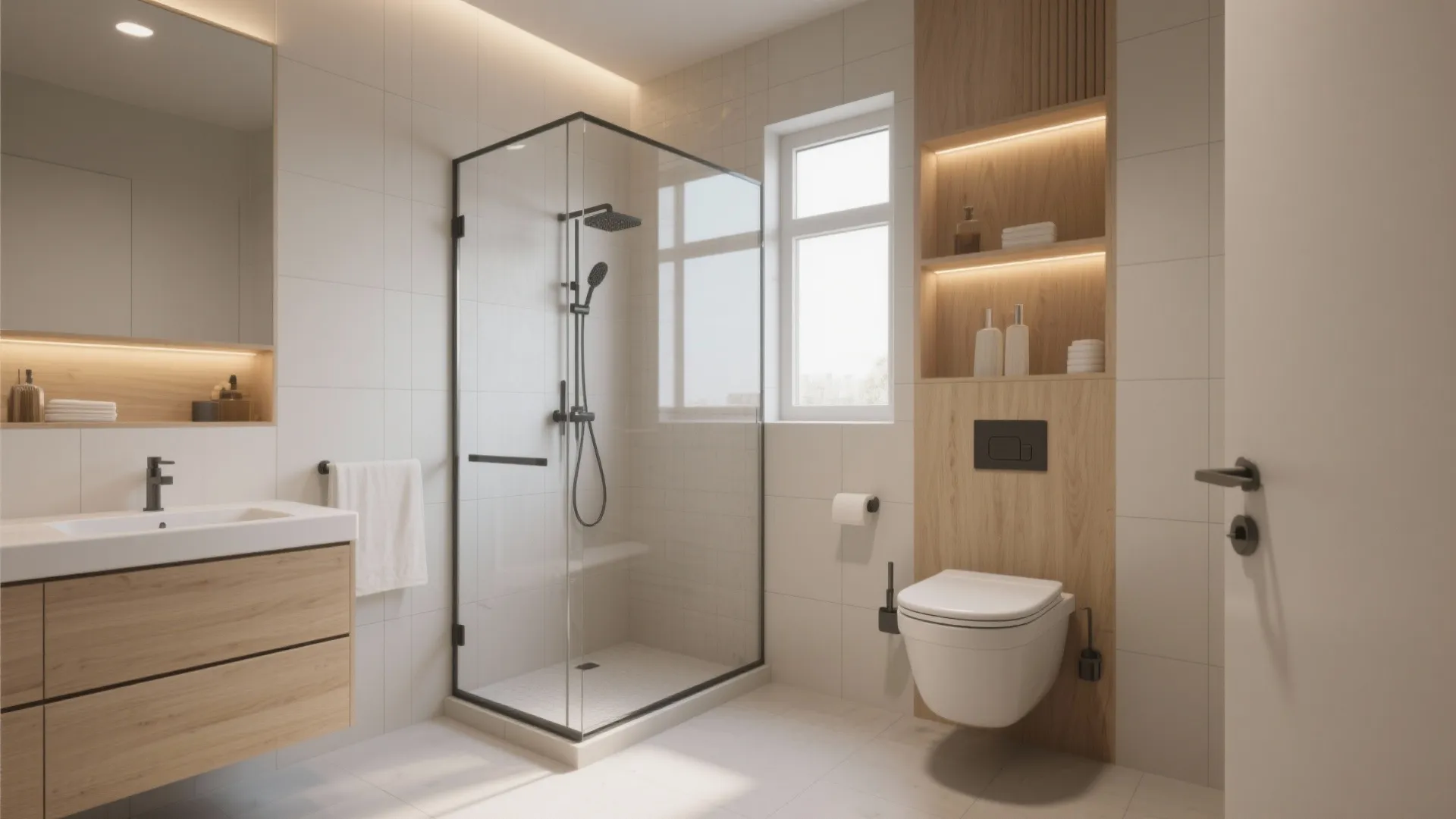 Modern bathroom with glass shower wooden vanity white toilet and warm lighted recessed wall shelves