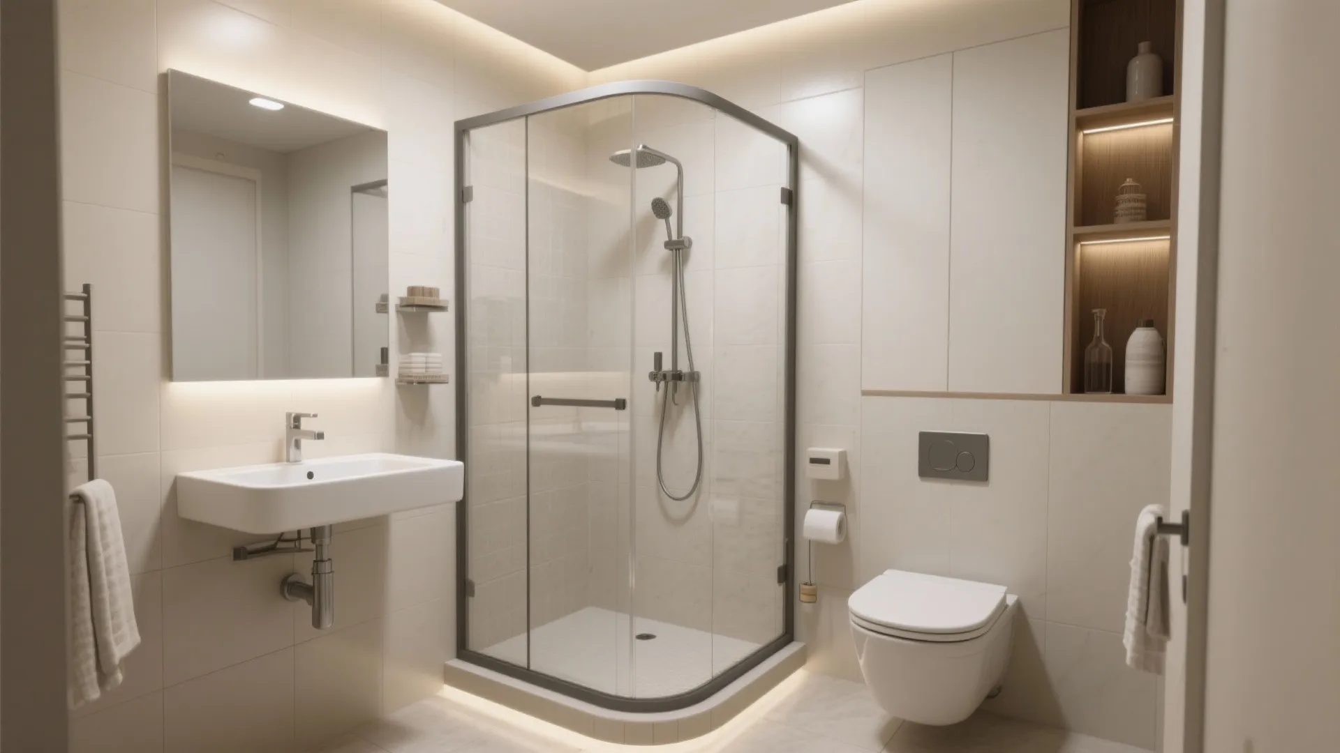 Modern small bathroom with glass shower cabin white wall toilet sink mirror and warm lighting