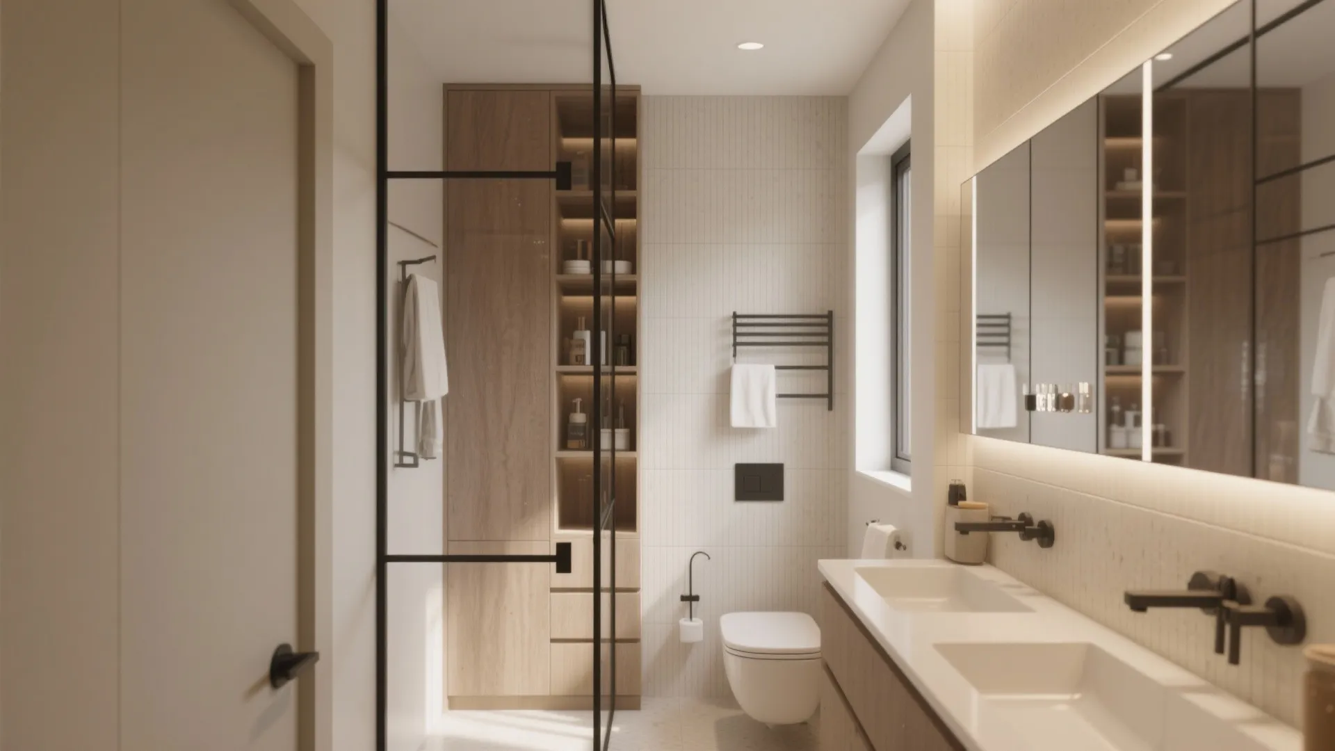 Modern narrow bathroom with wooden cabinet toilet double sink mirror wall light and white tiles