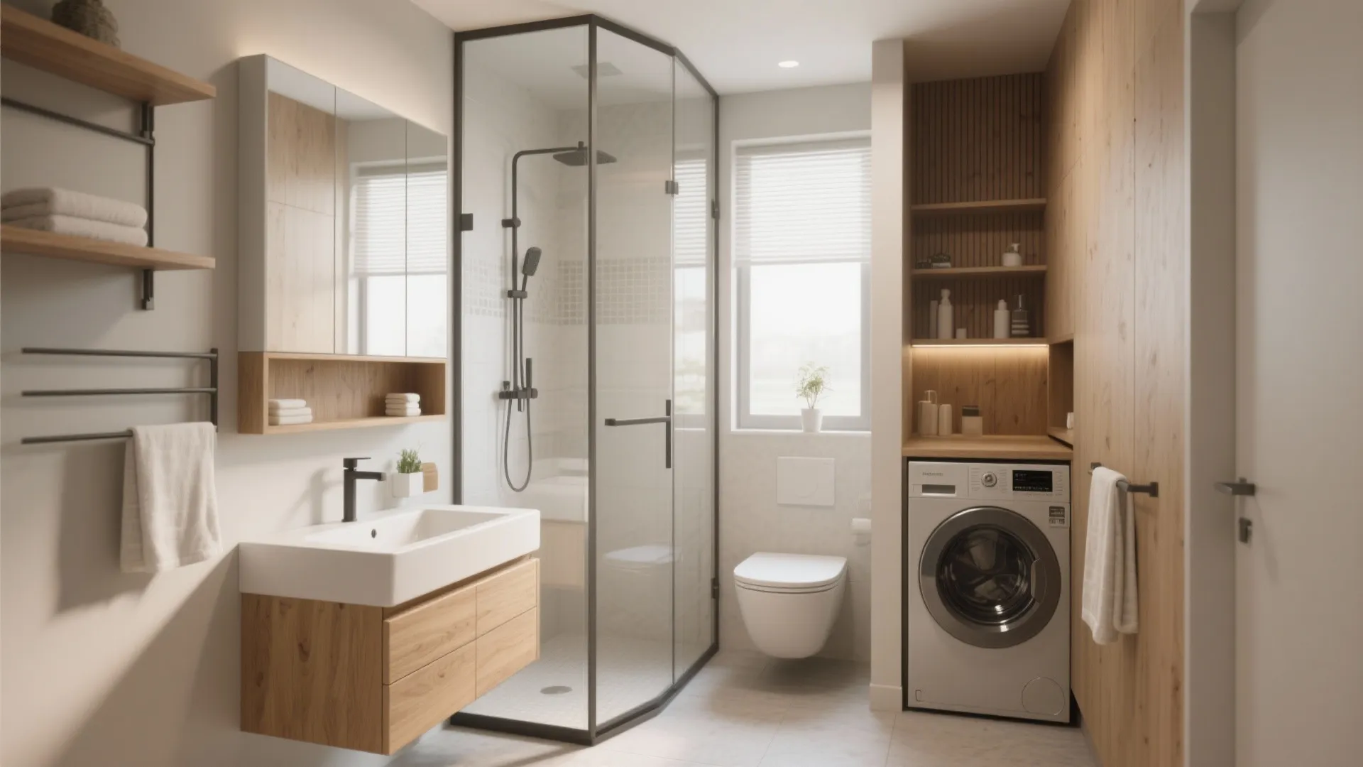 Full bathroom interior design showing a glass shower sink toilet and washing machine under shelves