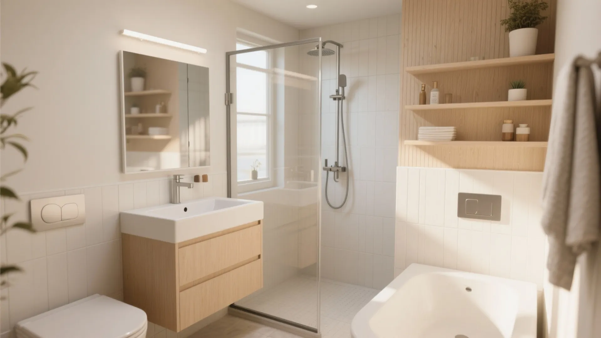 Modern bright bathroom featuring wood cabinet sink mirror glass shower door white bathtub and wall shelves