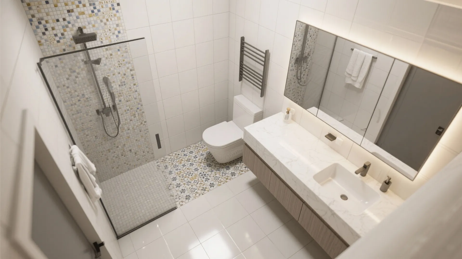 Modern bathroom with glass shower door white toilet marble sink cabinet and colorful mosaic floor tiles