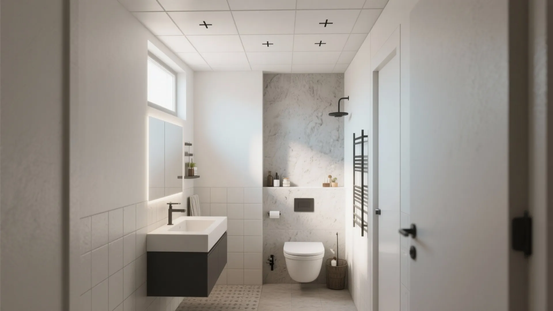 Modern small bathroom with a white sink black cabinet toilet stone wall and ceiling lights