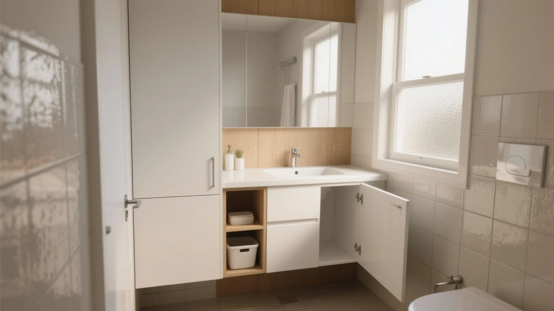 Modern small bathroom interior featuring white cabinets wood accents large mirror window and open storage space