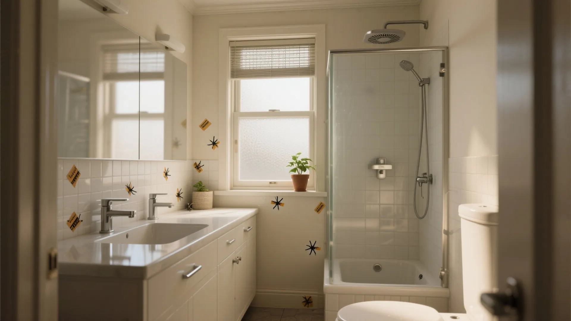 Clean modern bathroom with white cabinet sink shower area toilet and window with natural light