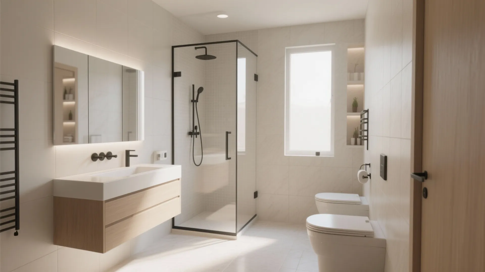 Bright small bathroom with glass shower cabin wooden sink cabinet white toilet and a window