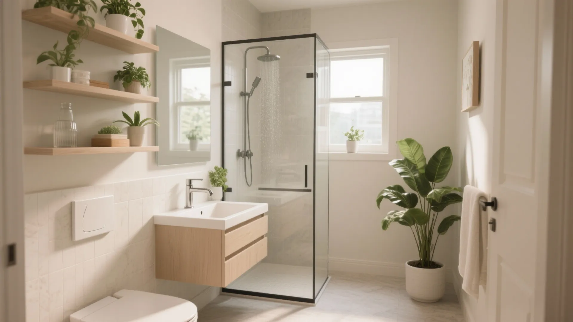 Modern bright bathroom with glass shower door wooden sink cabinet green plants and white walls