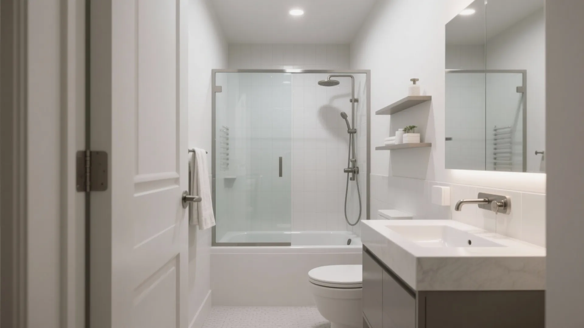 Modern bathroom featuring a bathtub with glass door white sink toilet and grey storage cabinet