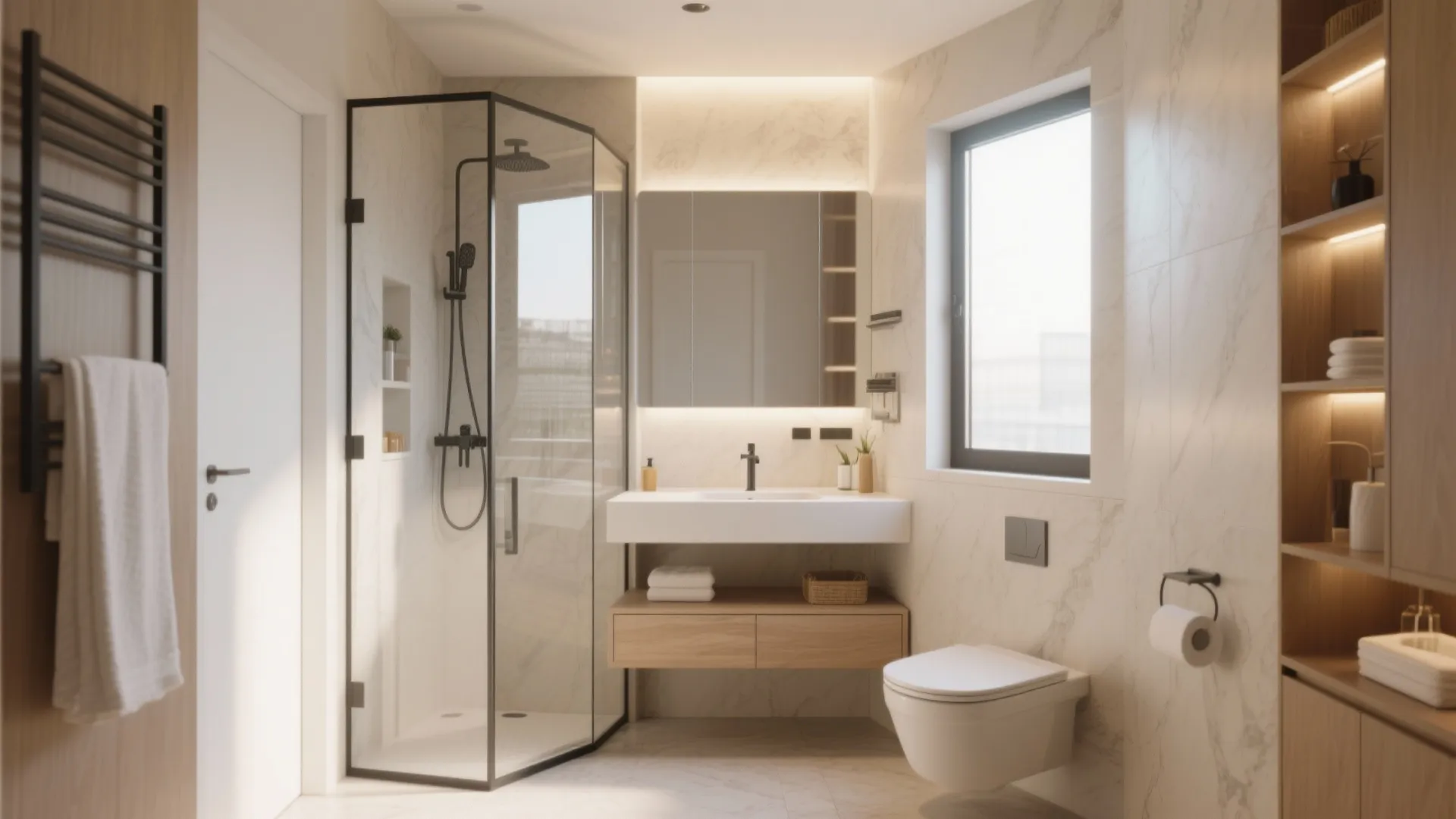 Complete bathroom interior with glass shower cabin white toilet sink cabinet and marble wall panels