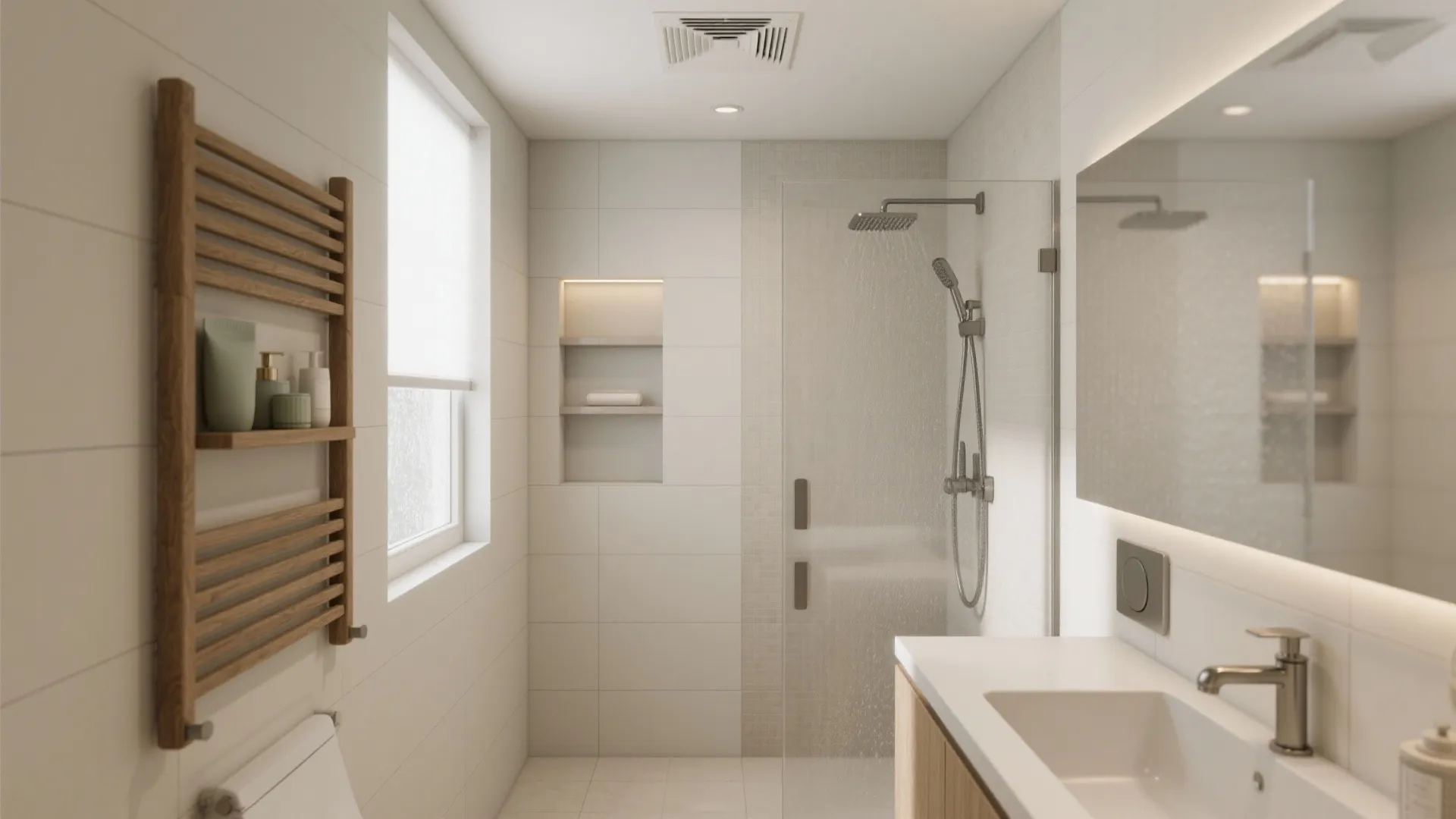 Modern small bathroom with glass shower door white wall tiles wooden towel rack and wash basin