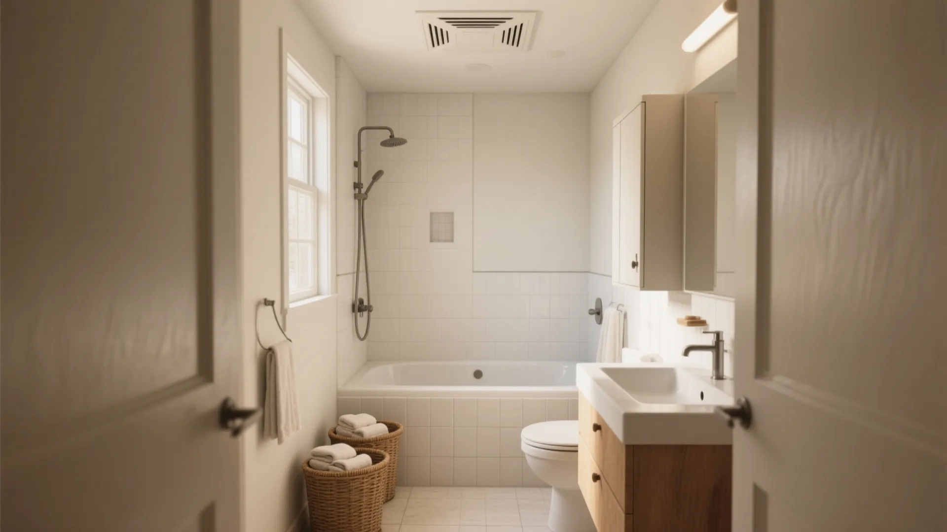 White bathroom interior featuring a bathtub toilet wooden cabinet wall light and ceiling exhaust fan