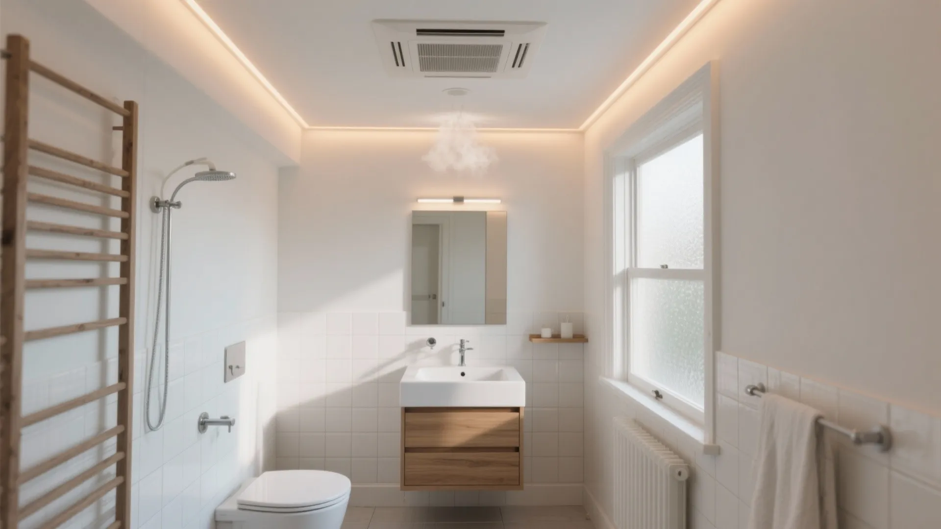 Modern white bathroom with wooden vanity sink mirror shower toilet white wall tiles and ceiling light