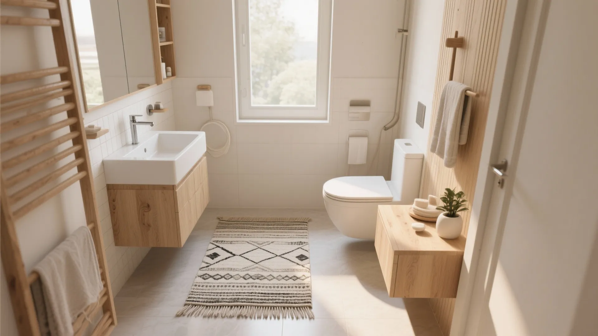 Modern bathroom with wooden cabinets white sink toilet window and a patterned rug on tile floor