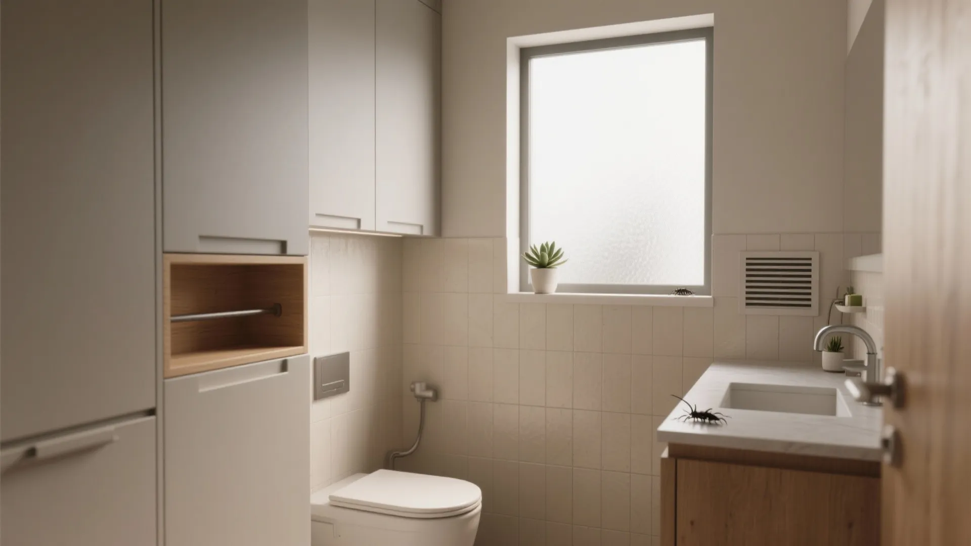 Modern small bathroom interior design drawing with toilet, sink, grey cabinets, and a frosted window