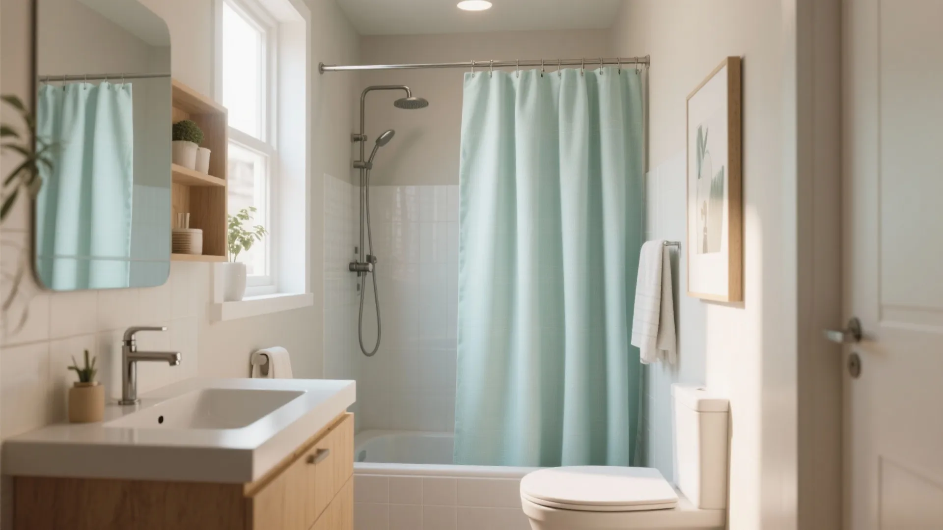Modern small bathroom with light blue curtain white sink wooden cabinet toilet and window light
