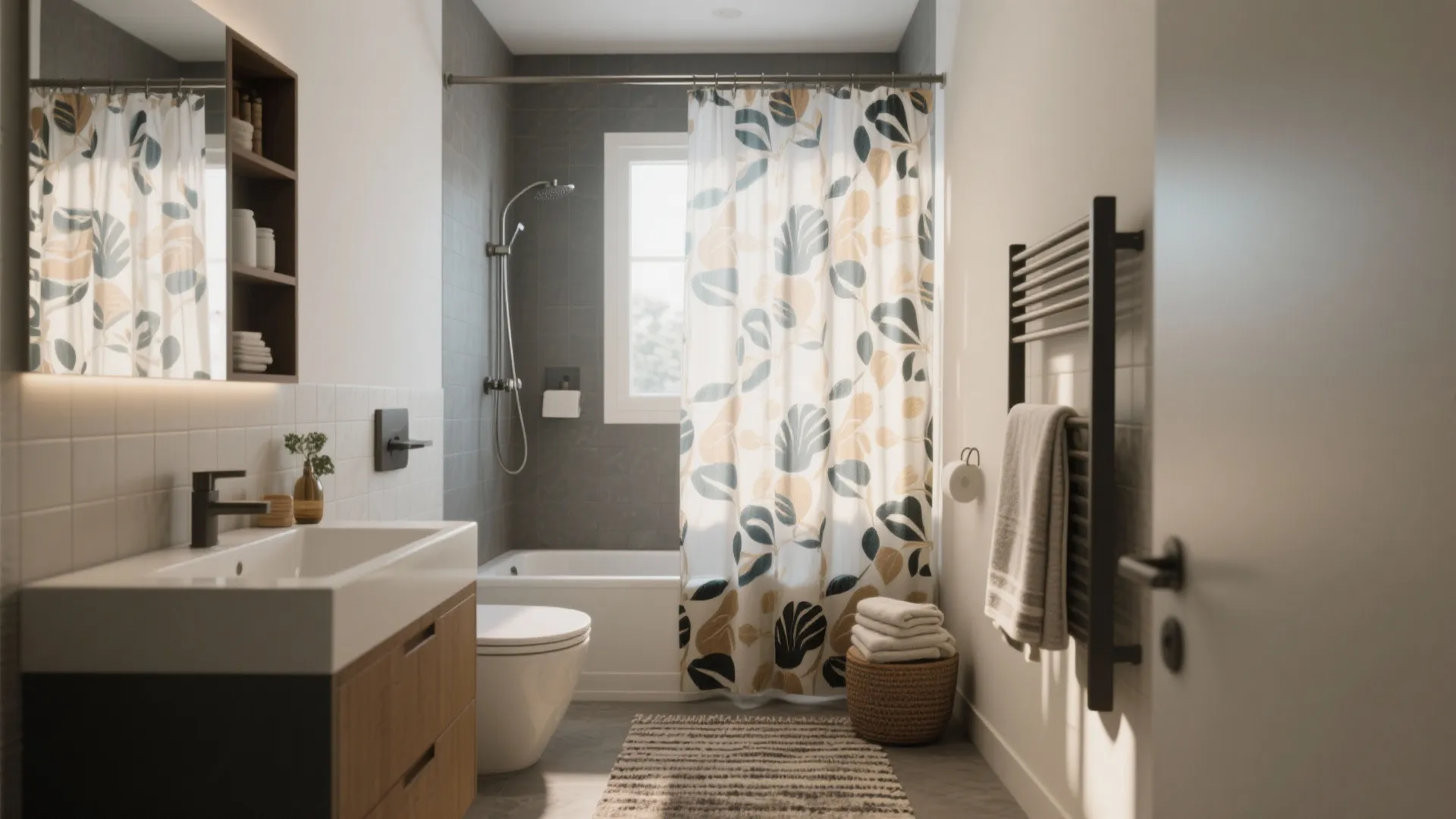 Modern bathroom featuring wood cabinet white sink toilet bathtub leaf pattern curtain and grey wall tiles