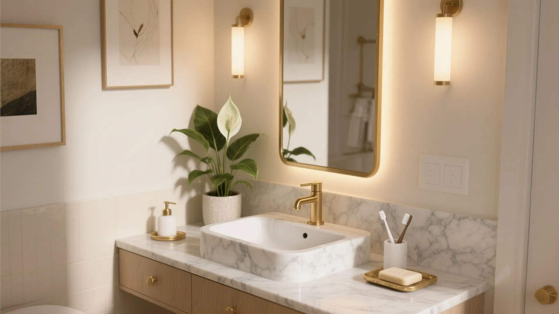 Elegant bathroom vanity with gold faucet marble countertop white sink green plant and wall light fixtures