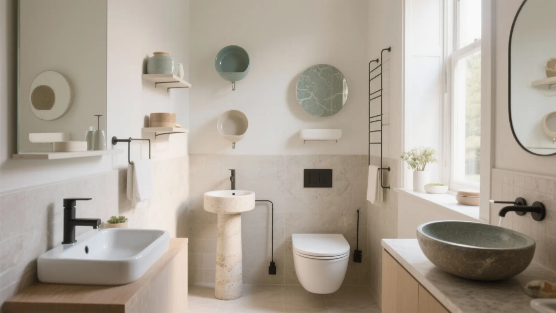 Bright bathroom interior design featuring multiple sinks white toilet wall shelves and a large window