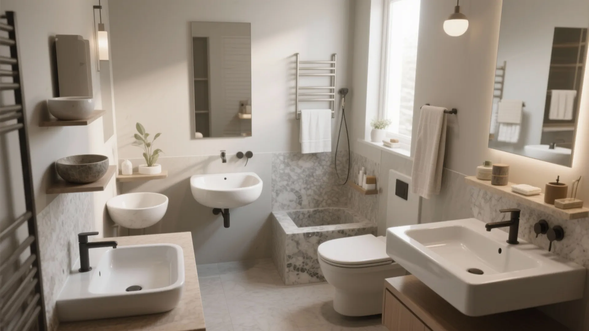 Modern bathroom with multiple white sinks, marble tiles, toilet, mirror, light fixture, and natural light