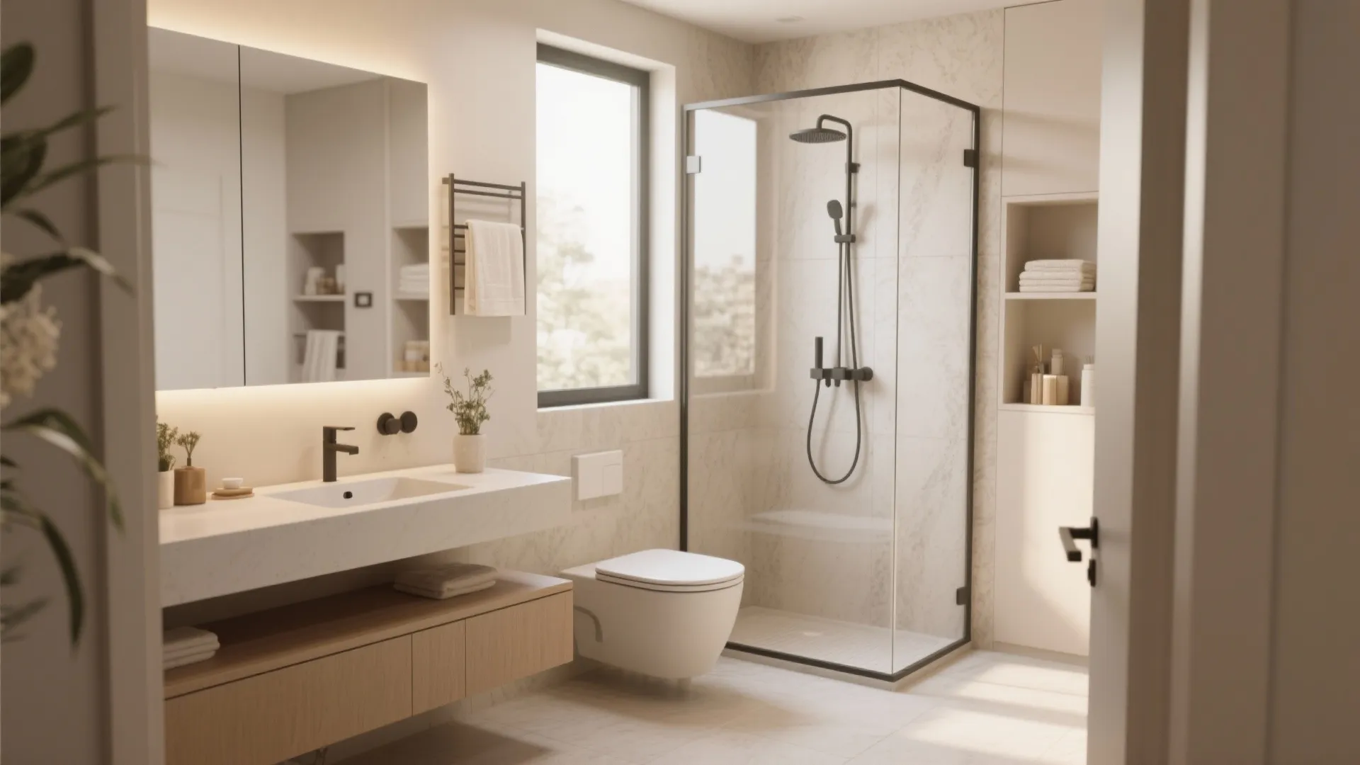 Modern bathroom interior design with walk-in shower glass door white toilet sink and wooden cabinet