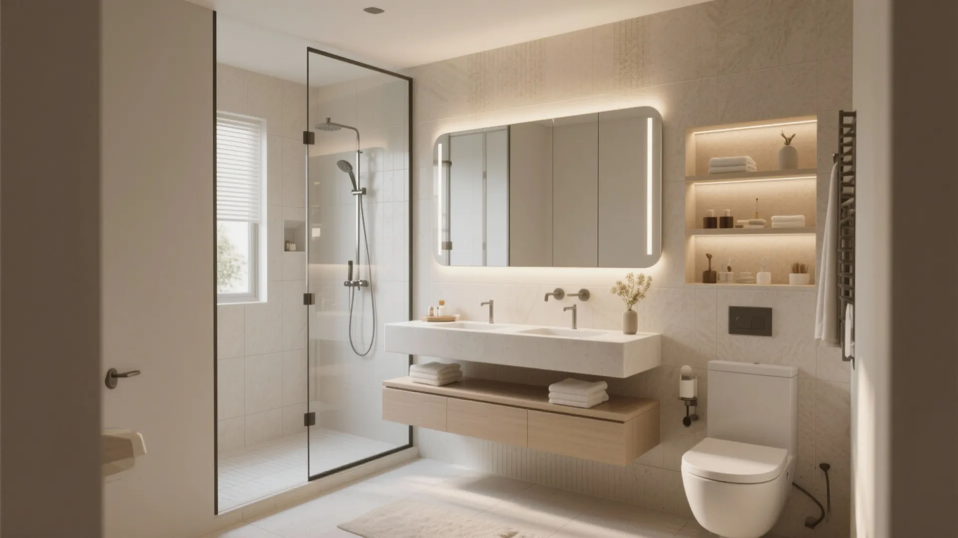Modern cream bathroom with double sink cabinet lighted wall mirror walk in shower and toilet