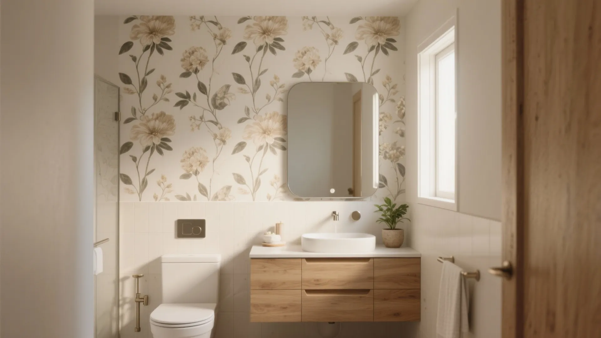 Modern bathroom with floral wallpaper wooden cabinet white sink round mirror toilet and natural light