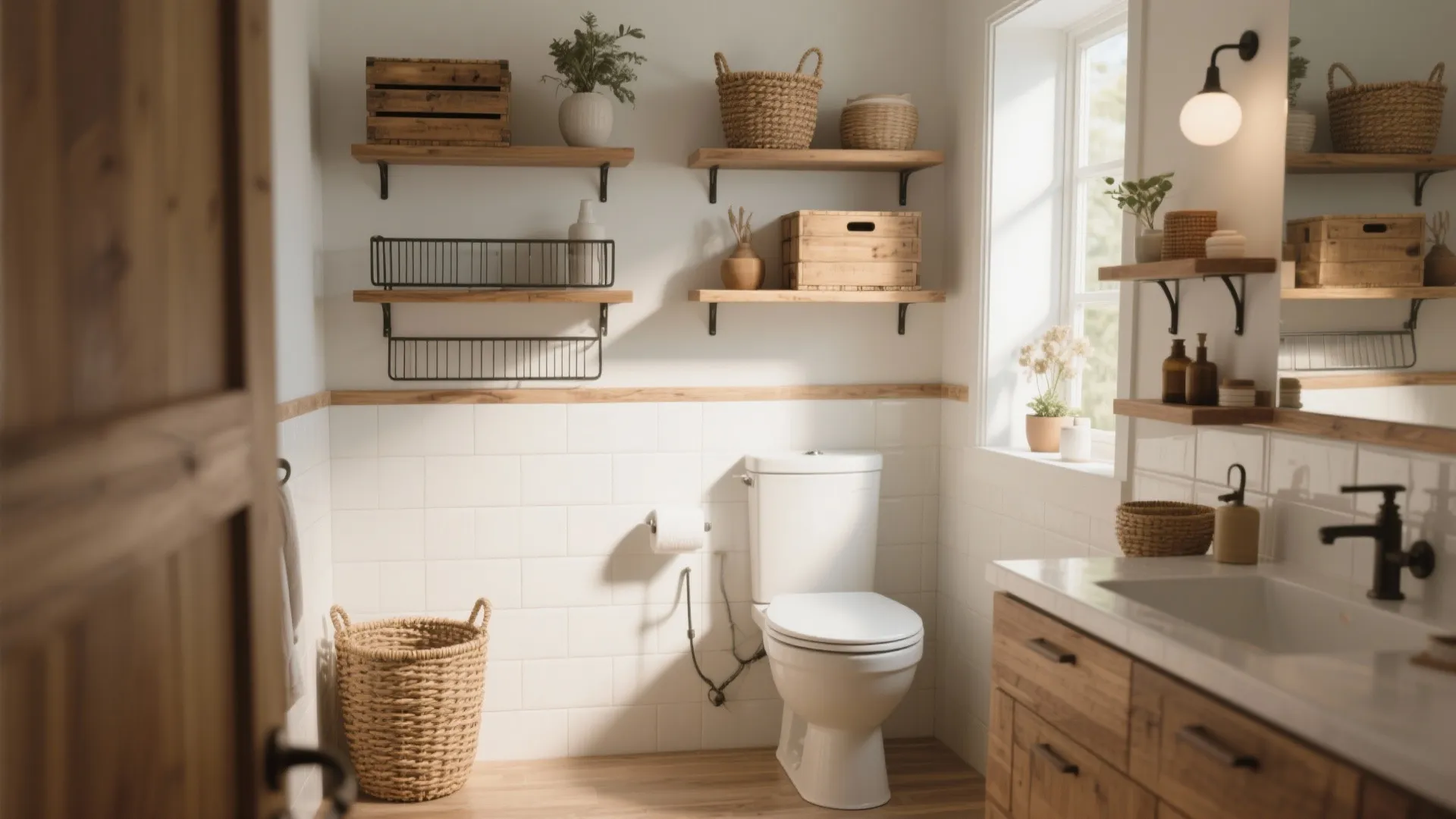 Small bathroom with open wooden wall shelves plus woven baskets and white wall tile design