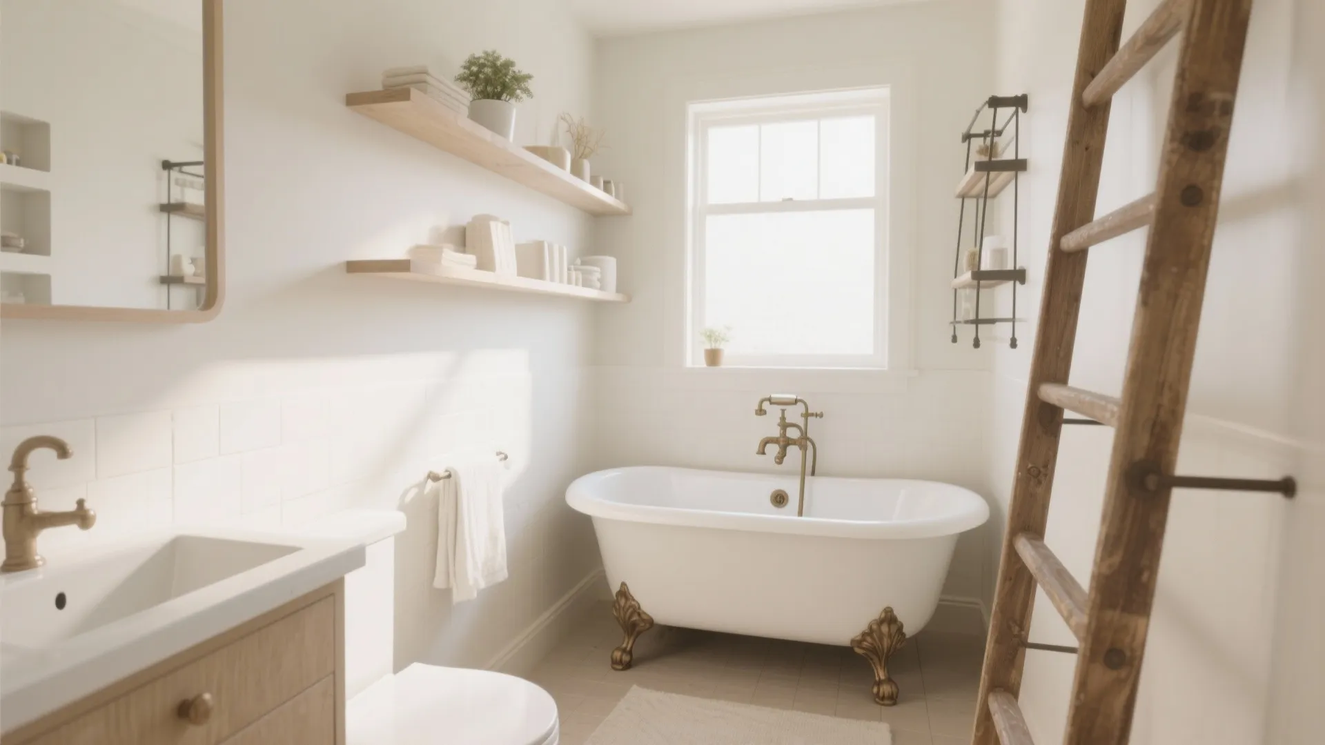 Bright white bathroom featuring a classic bathtub wooden wall shelves and a leaning ladder rack