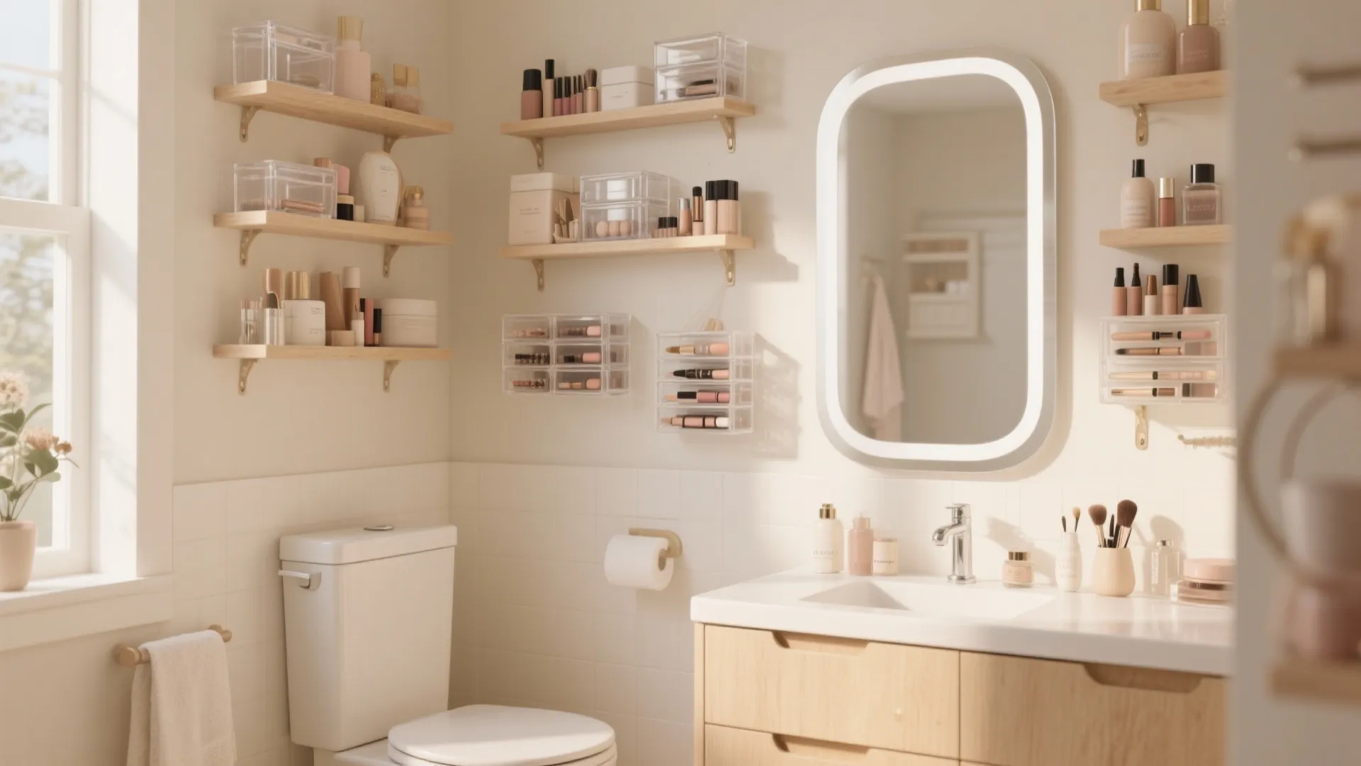 Small bathroom with white toilet, wooden sink cabinet, lighted mirror, and many wooden wall shelves