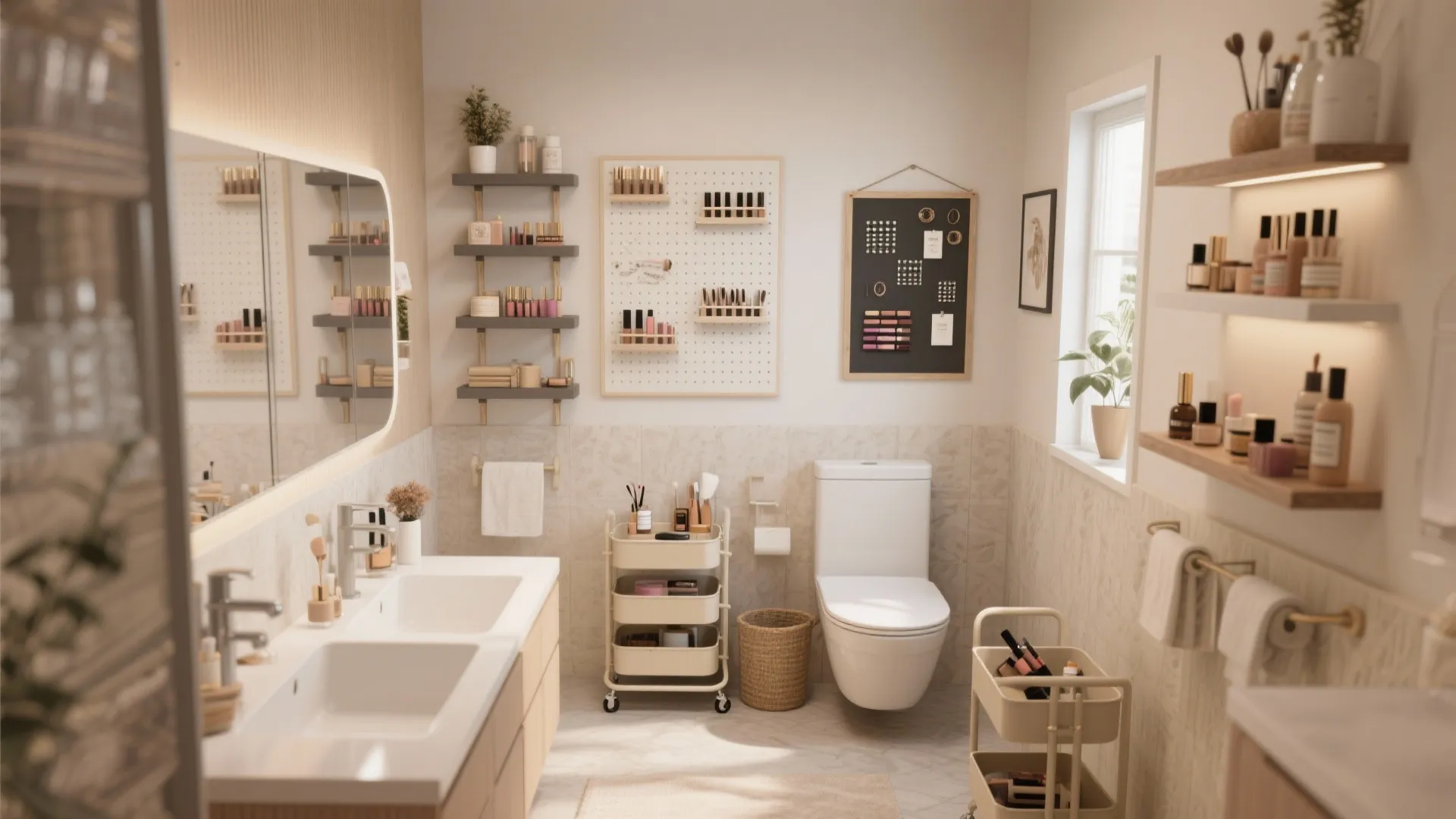 Bright bathroom featuring double sink vanity wall shelves and multiple rolling carts for makeup storage