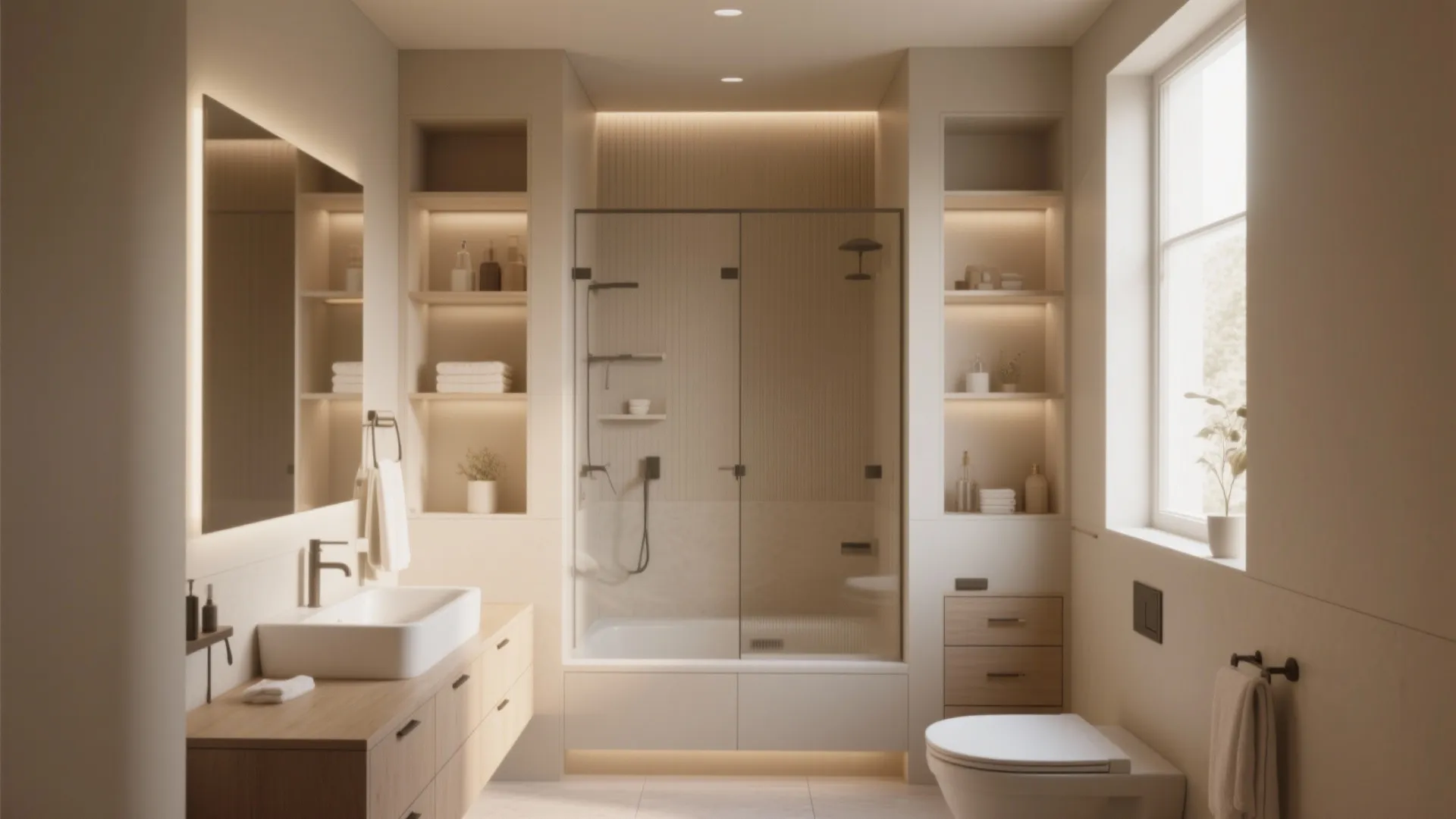 Minimalist beige bathroom with wood cabinet glass shower door integrated wall shelves and warm lighting