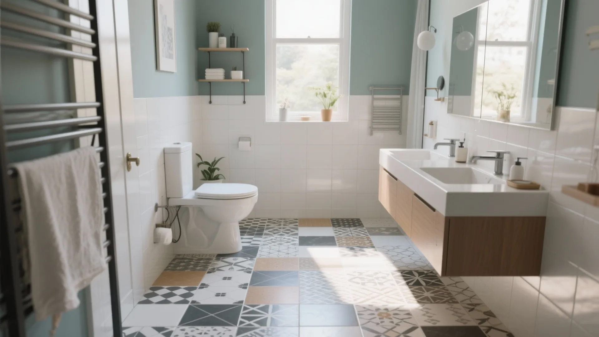 Modern bathroom with green walls white tiles patterned floor tiles wooden cabinet and white toilet