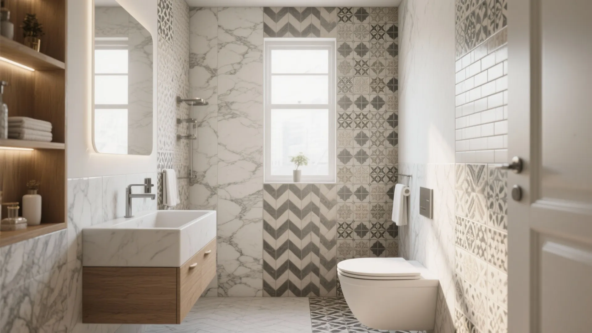 Small bathroom featuring patterned wall tiles white sink wooden cabinet toilet and window for natural light