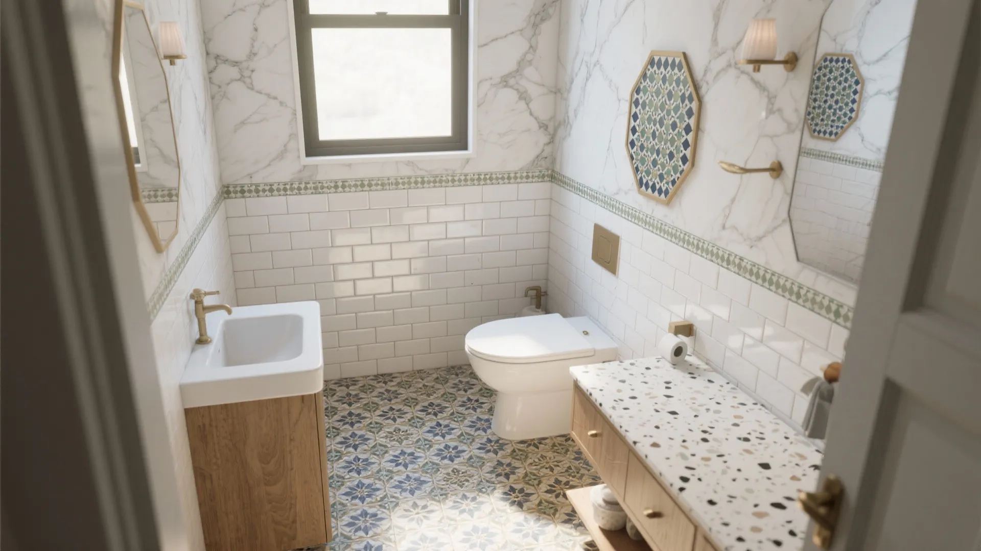 Small bathroom featuring white subway wall tiles pattern floor tiles wood cabinet and a white toilet