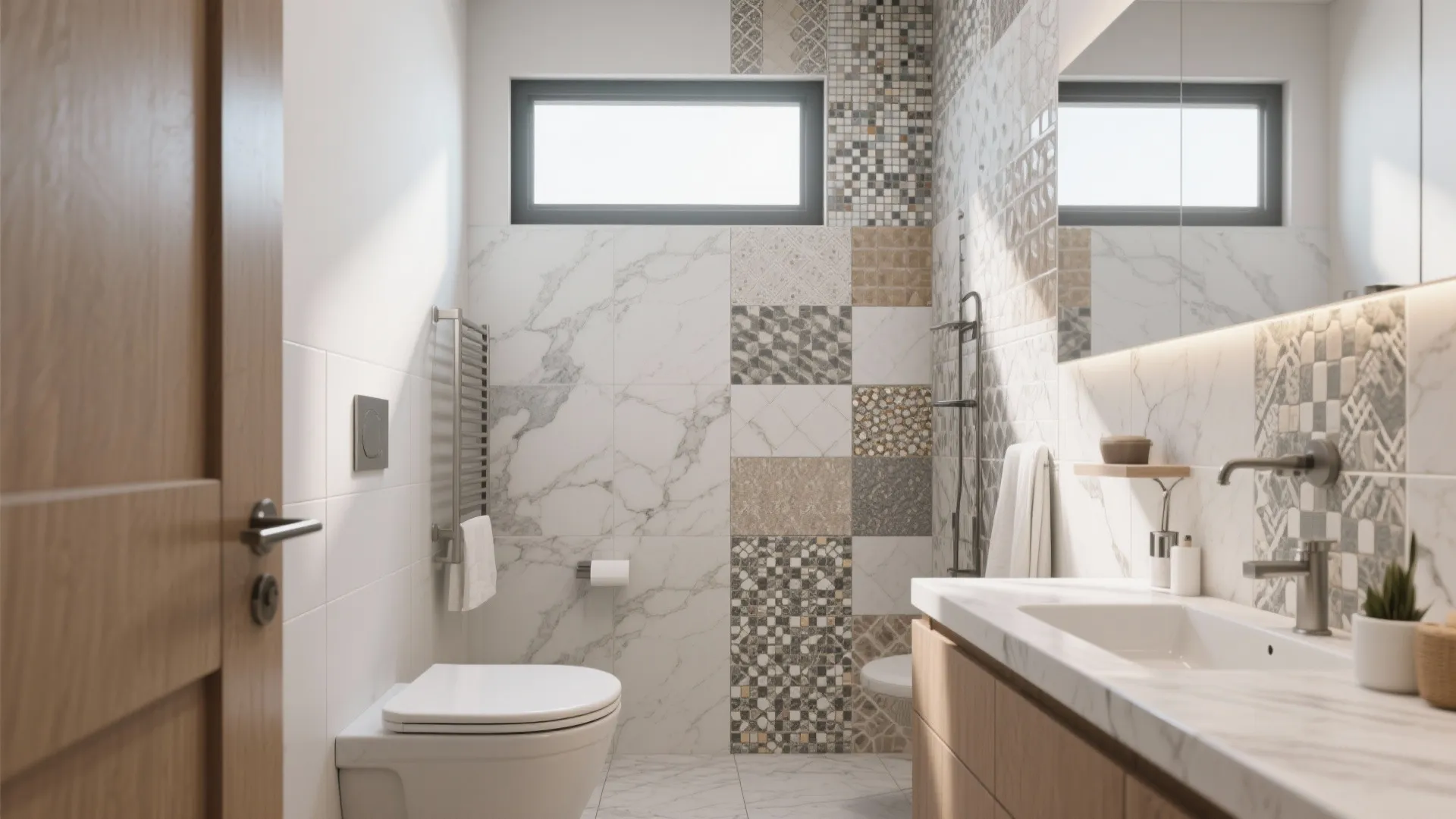 Small bathroom with marble walls and patterned tiles featuring a white toilet and wooden vanity cabinet