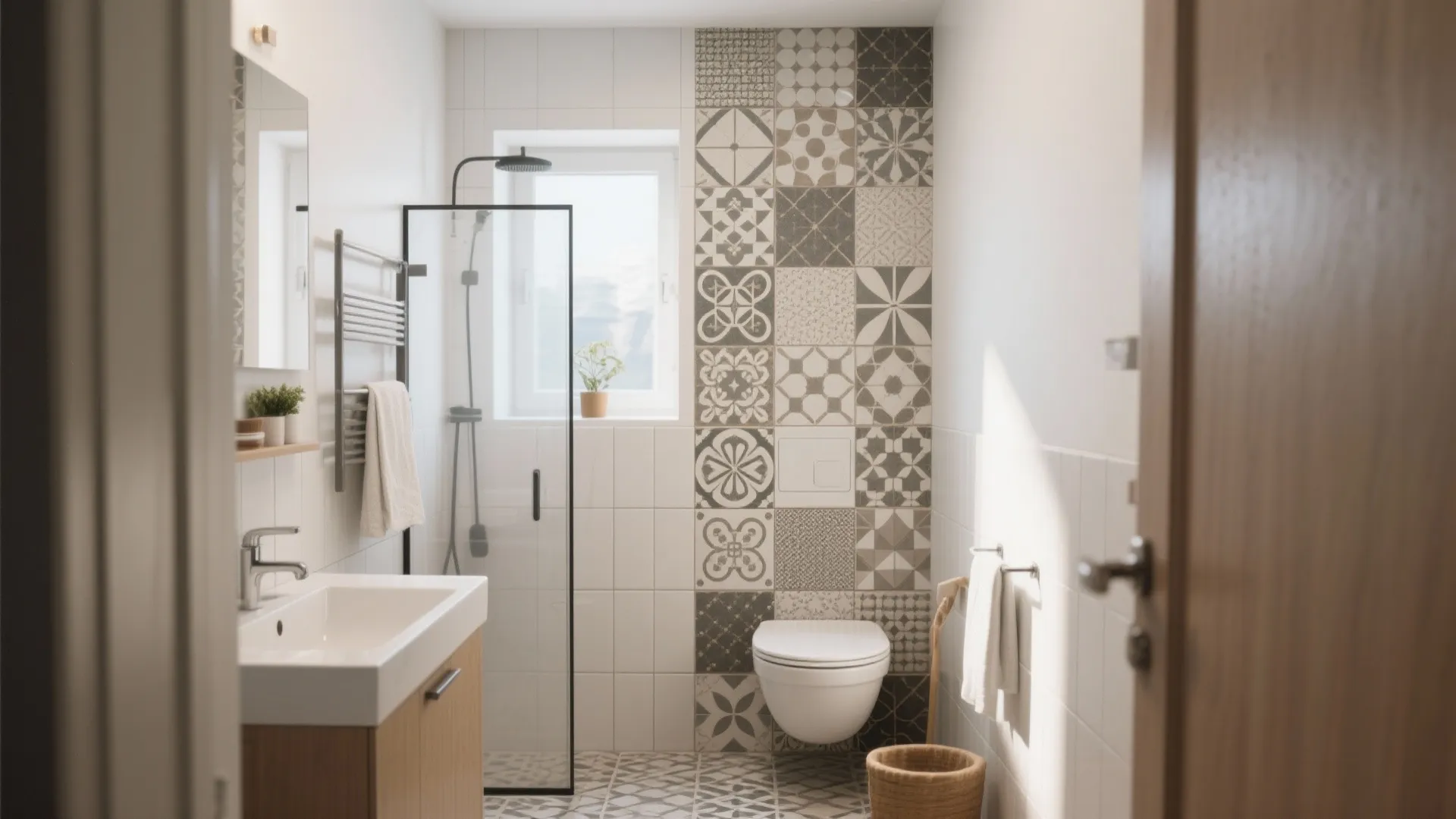 Small bathroom with patterned wall tiles white toilet glass shower stall and a wooden sink