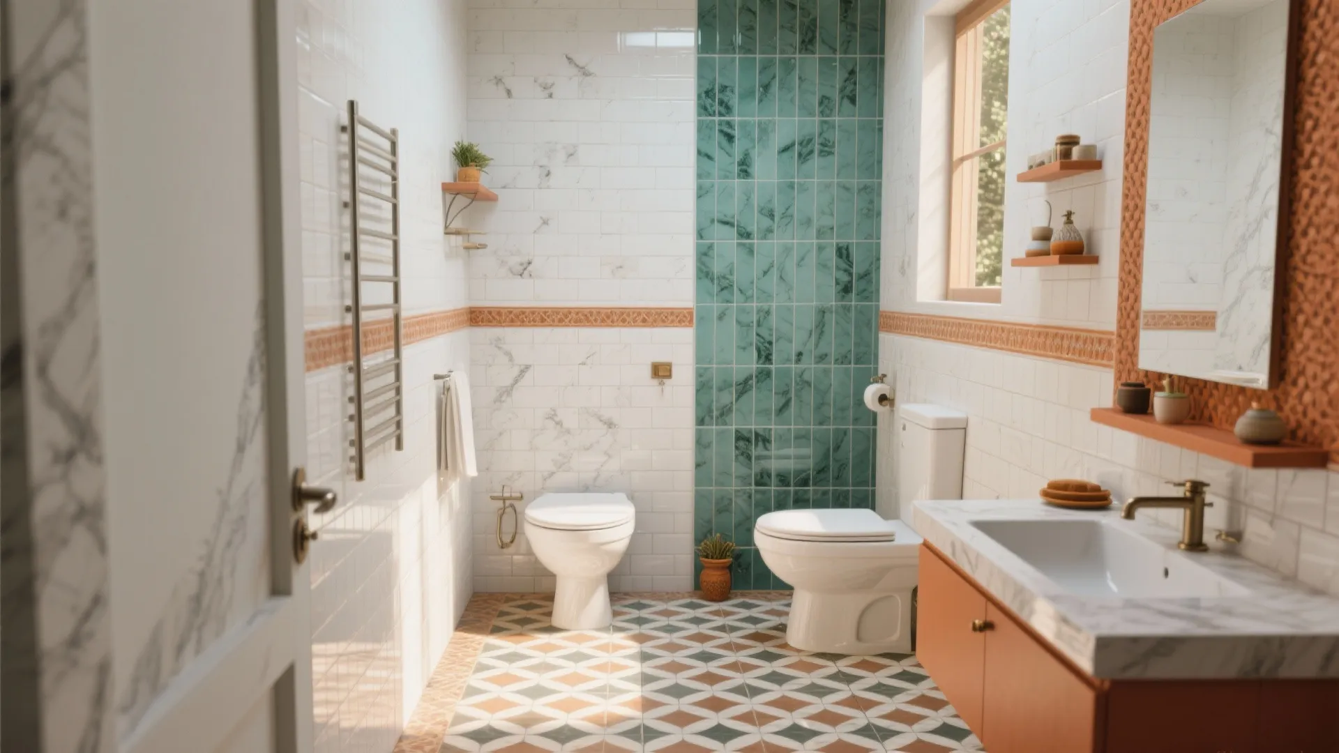 Bright bathroom interior with marble tiles orange cabinet pattern floor tiles and two white toilets