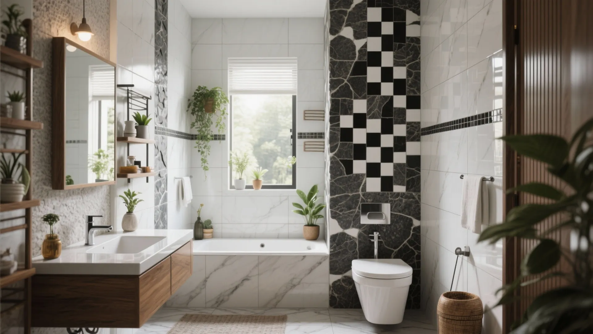 Bright bathroom with marble bathtub white sink wooden cabinet black tiles and many green plants