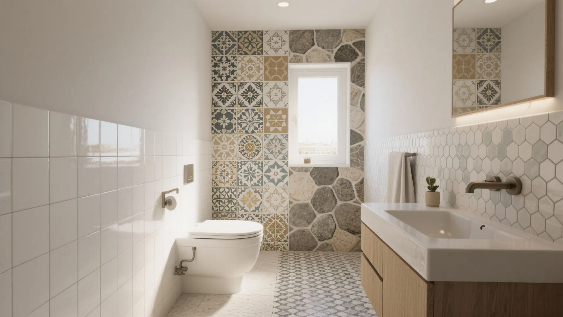 Compact bathroom with colorful pattern wall tiles wooden sink cabinet white toilet and hexagon flooring