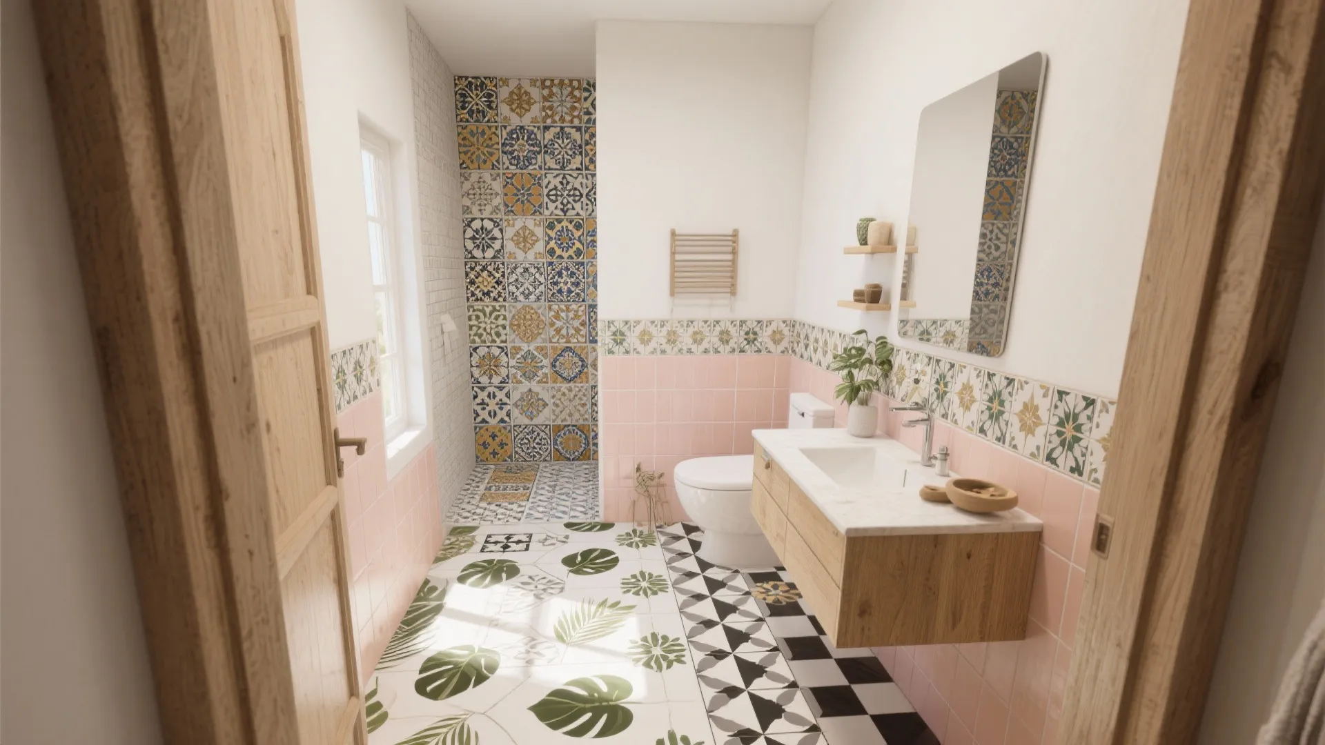 Colorful bathroom interior design with pink wall tiles patterned floor tiles wood cabinet and white toilet