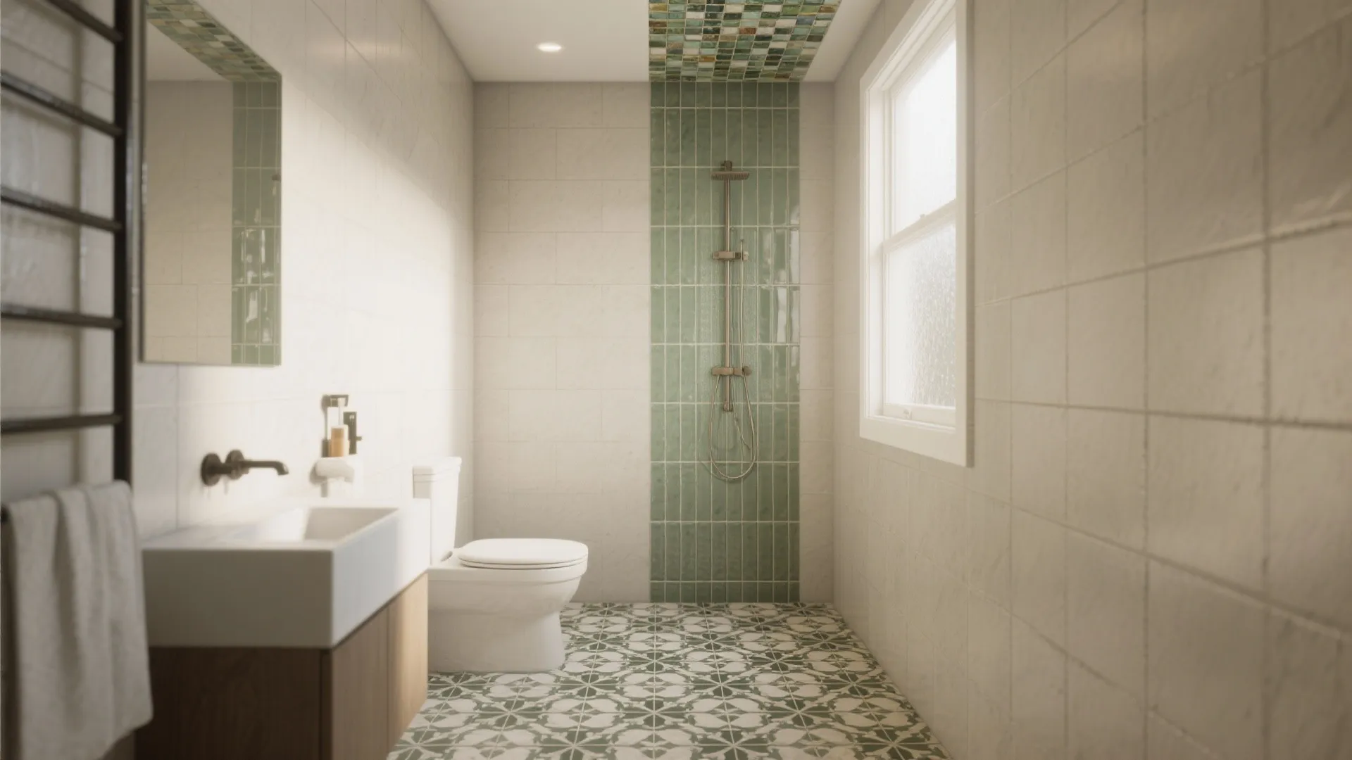 Modern bathroom featuring green vertical wall tiles, pattern floor tiles, white toilet, and wooden sink cabinet