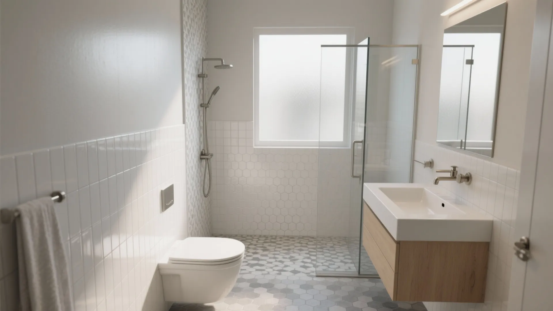 Bright bathroom interior with white wall tiles grey floor tiles wooden cabinet and glass shower