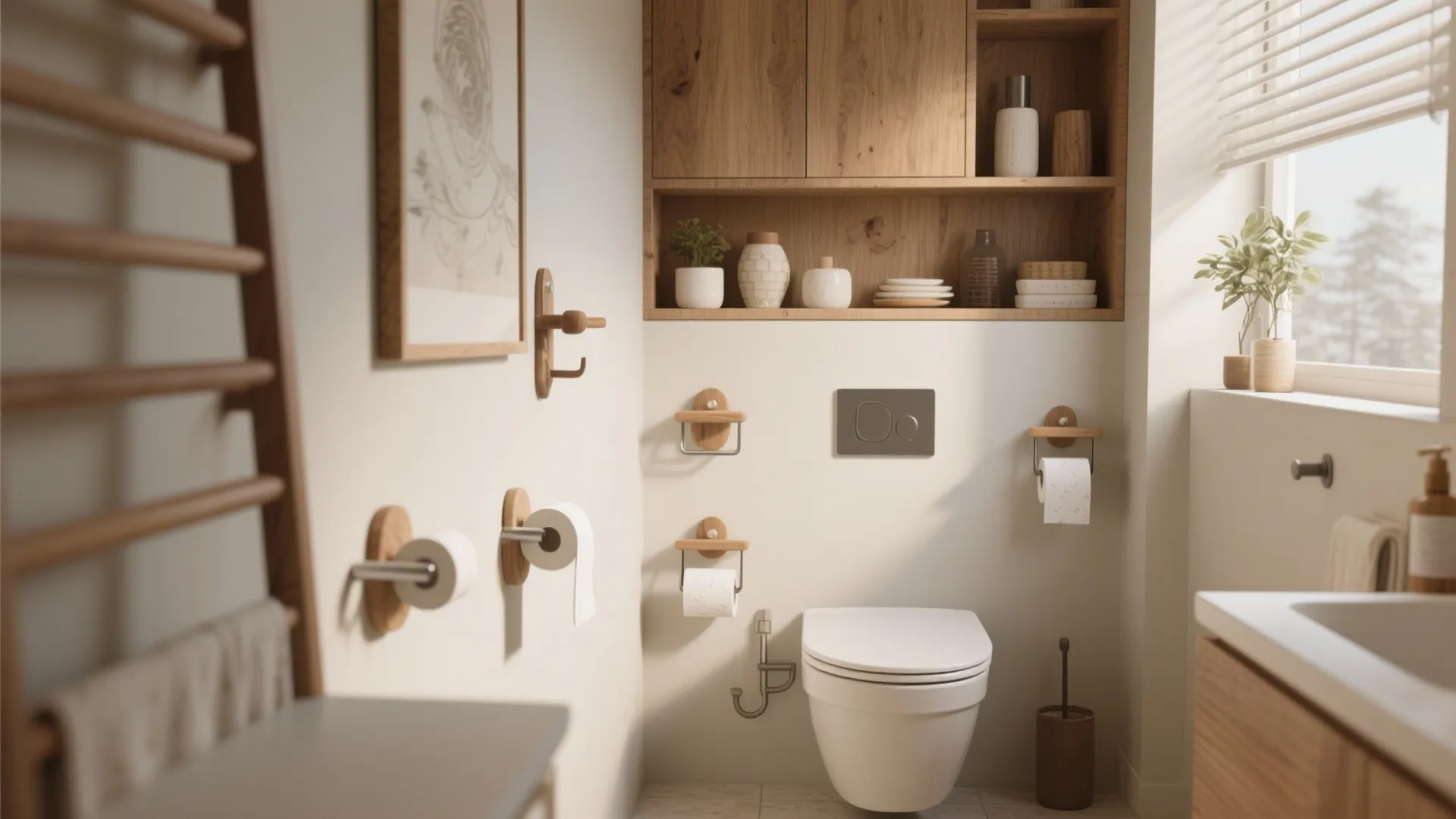 Small bathroom layout with white toilet wood shelves wall mounted paper holders and natural light