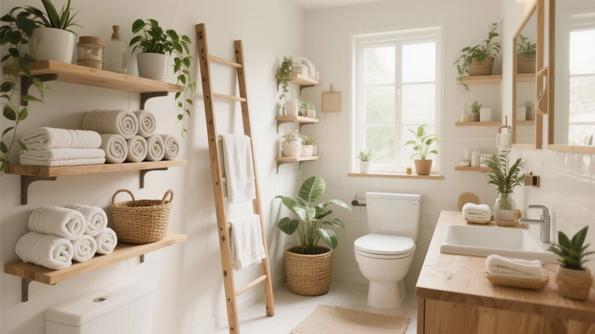 Bright bathroom with wooden shelves holding white towels plus green plants and a wooden ladder